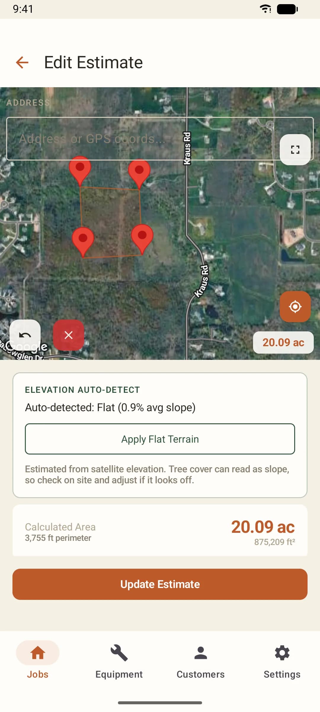 MulchDeck estimate on Android: a work area drawn on satellite with auto-detected slope and acreage