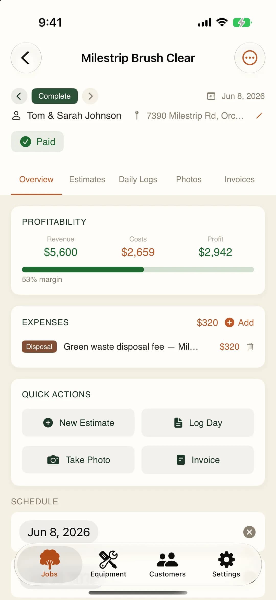 MulchDeck job profitability showing revenue, cost, profit and margin