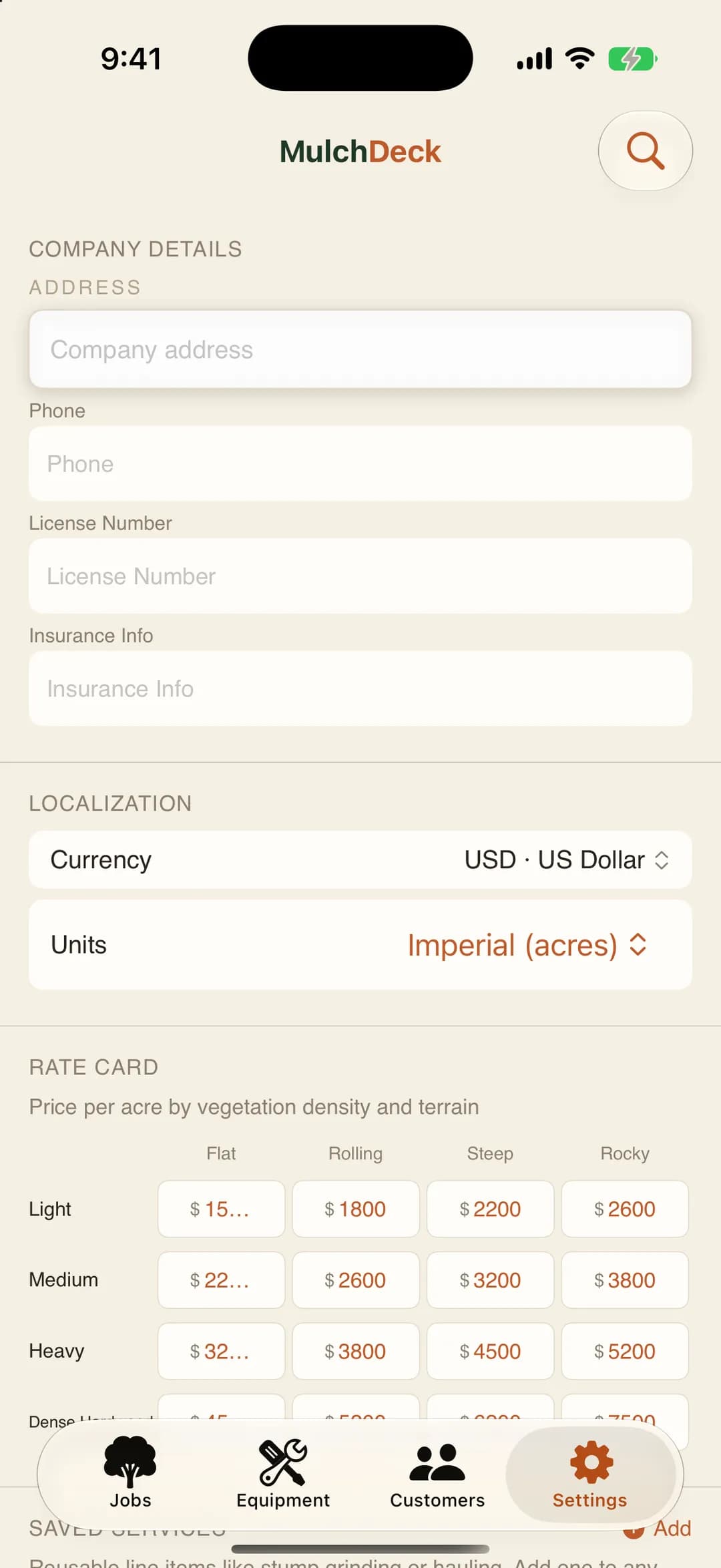 Step 2: the rate card prices the job by density and terrain