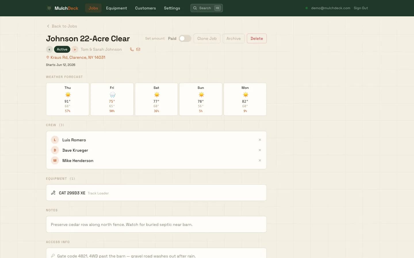 MulchDeck job detail in a desktop web browser