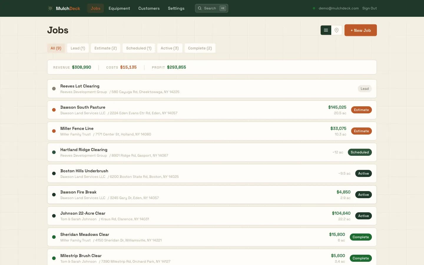 MulchDeck jobs pipeline in the web app: lead, estimate, scheduled, active and complete stages with revenue and profit