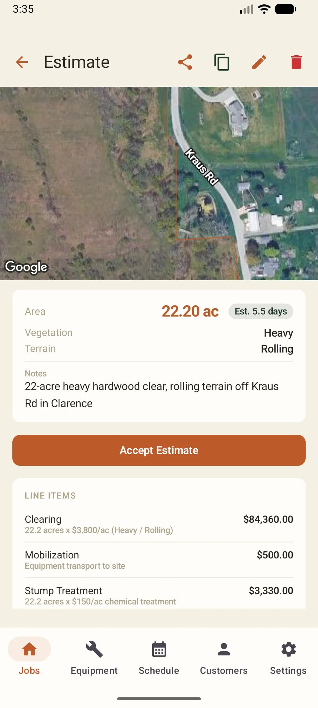 Example result in the MulchDeck Android app: a parcel outlined on satellite imagery, 22.20 acres, heavy vegetation, rolling terrain