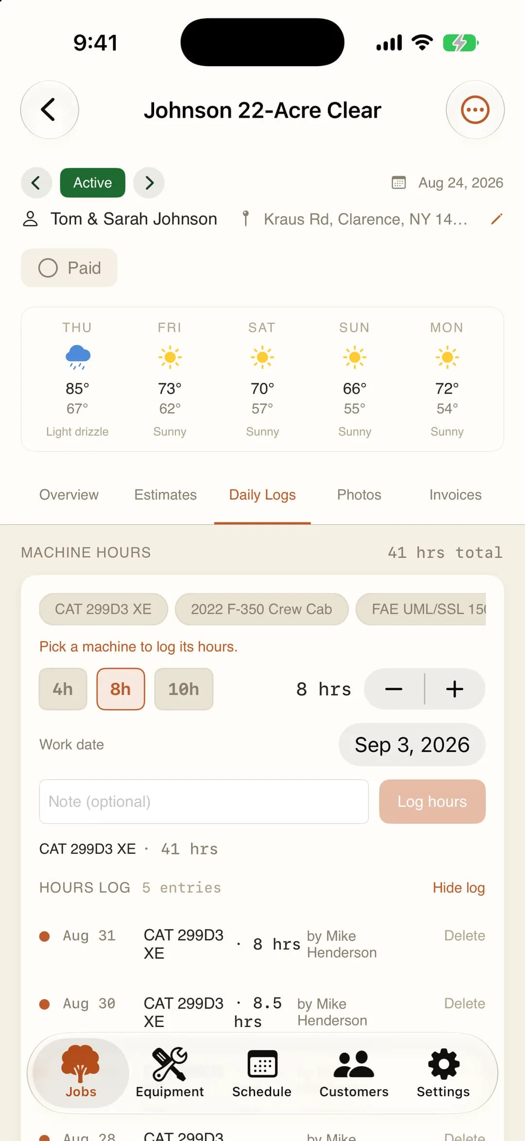 MulchDeck daily log on iPhone: logging 8 machine hours on a CAT 299D3 XE, 41 hours total