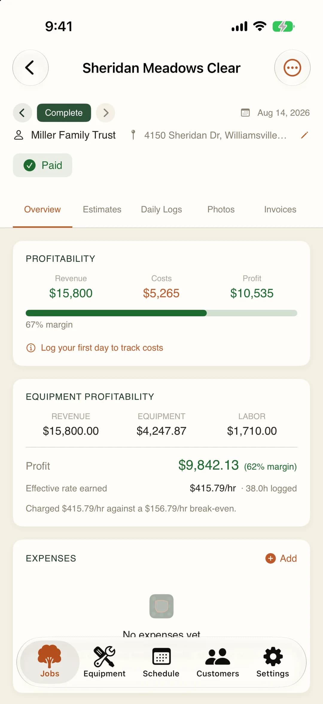 MulchDeck job profitability on iPhone: revenue $15,800, costs $5,265, profit $10,535, then equipment and labor costs and the effective hourly rate