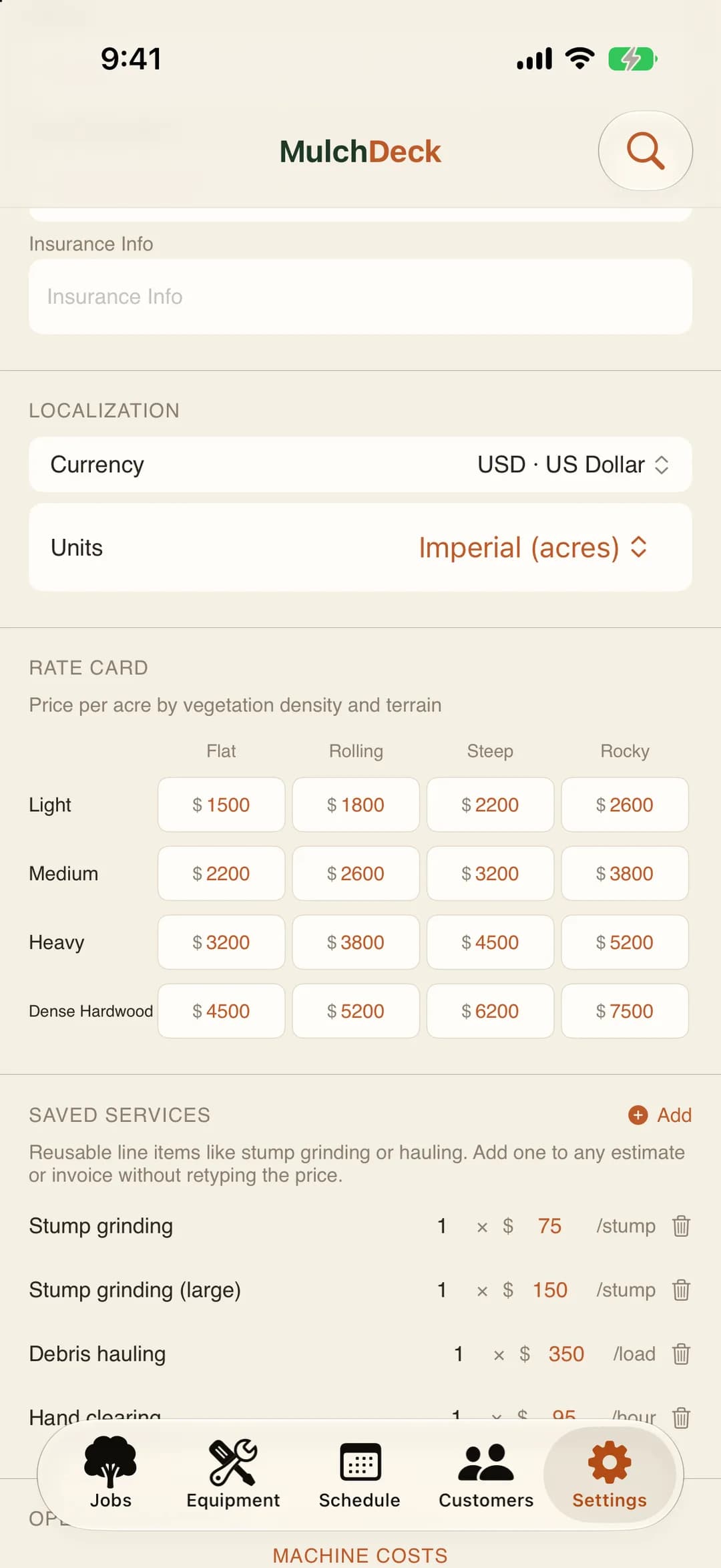 MulchDeck rate card on iPhone: 16 per-acre prices across light, medium, heavy and dense hardwood by flat, rolling, steep and rocky terrain