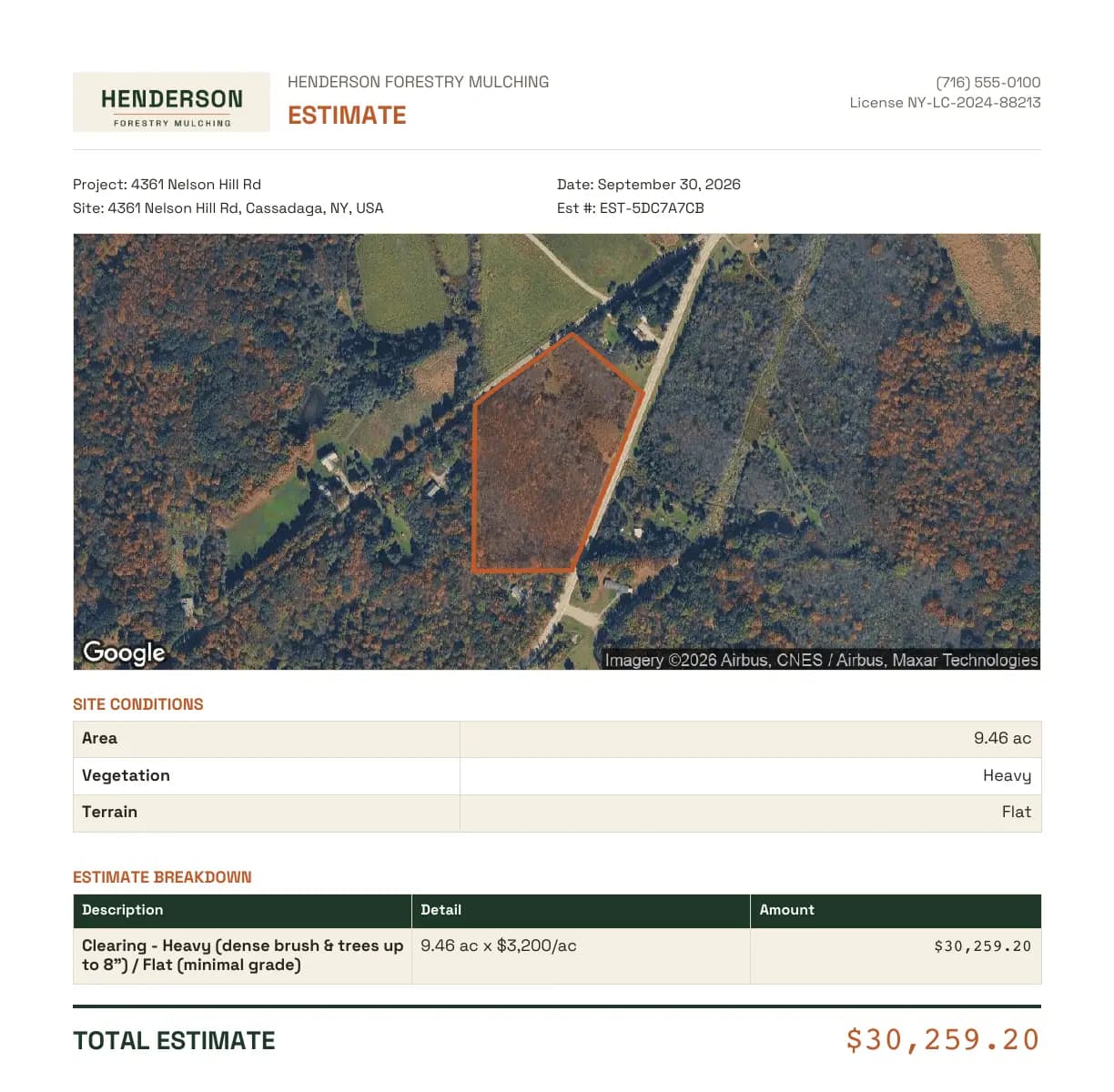 A MulchDeck quote PDF: the company logo, name, phone and license at the top, the site address, a satellite picture of the wooded lot at 4361 Nelson Hill Rd with the parcel outline drawn in orange, then 9.46 acres, heavy vegetation, flat terrain, one clearing line at $3,200 an acre and a total of $30,259.20