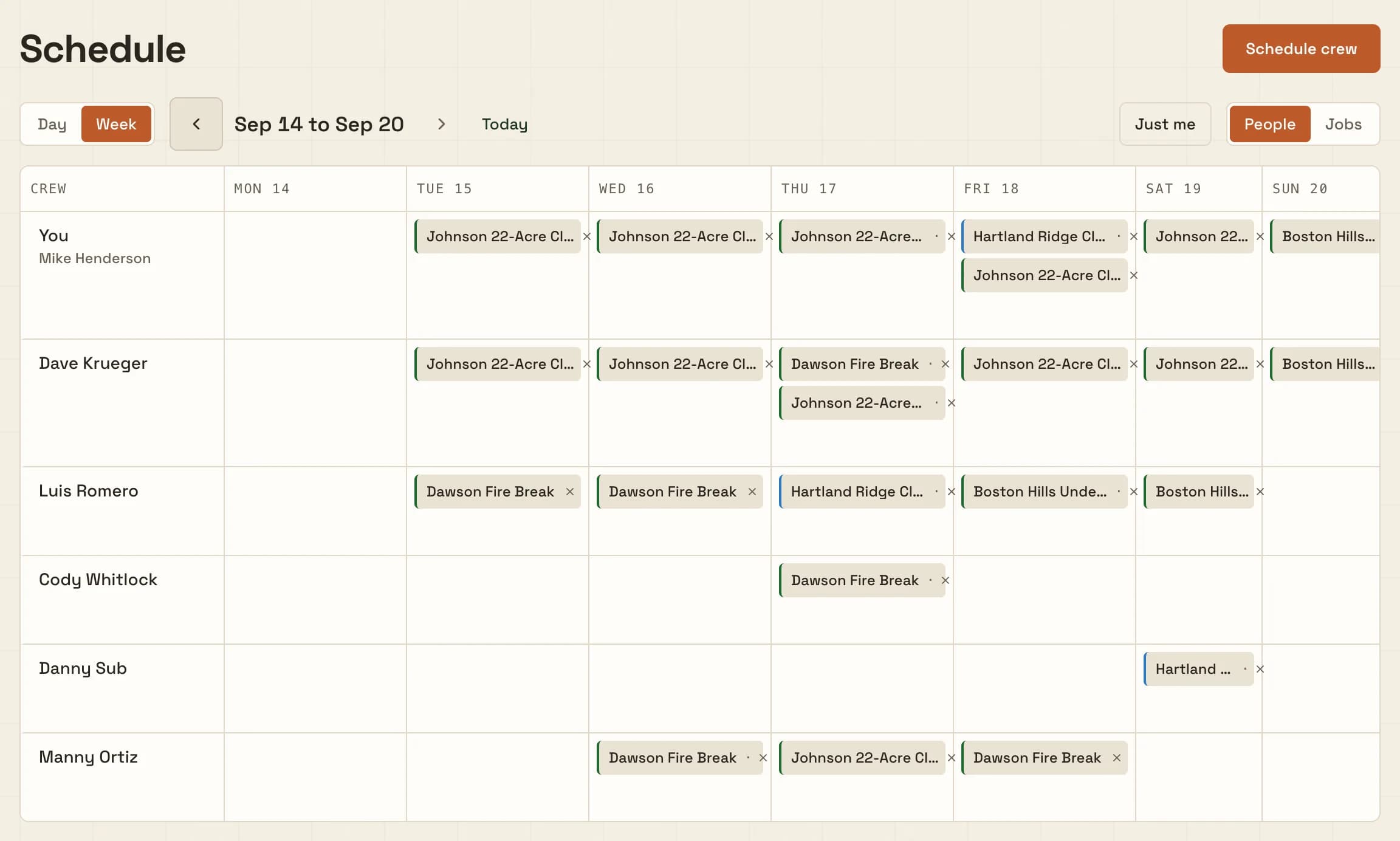 MulchDeck crew schedule on the web: a week roster showing which job each crew member is on each day